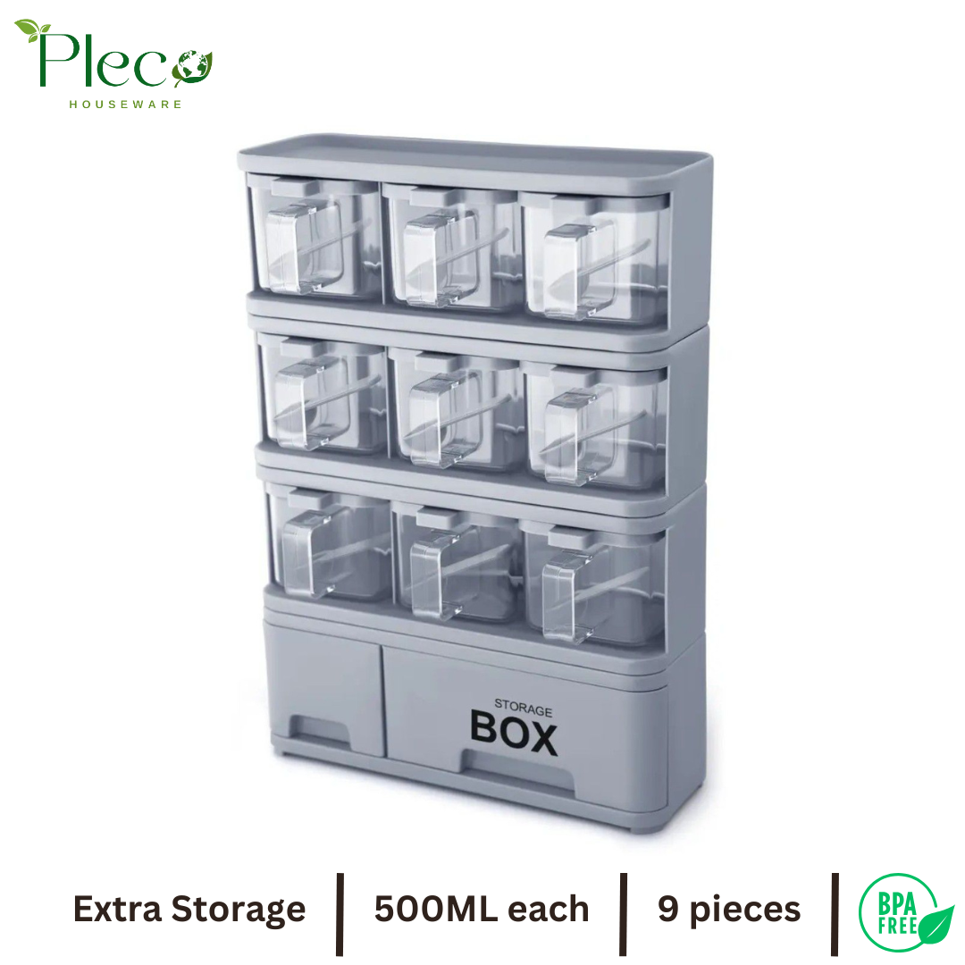 Purity Max Spice Rack with 9 Jars & Spoons | 500ml Each | Condiments & Masala Storage Box