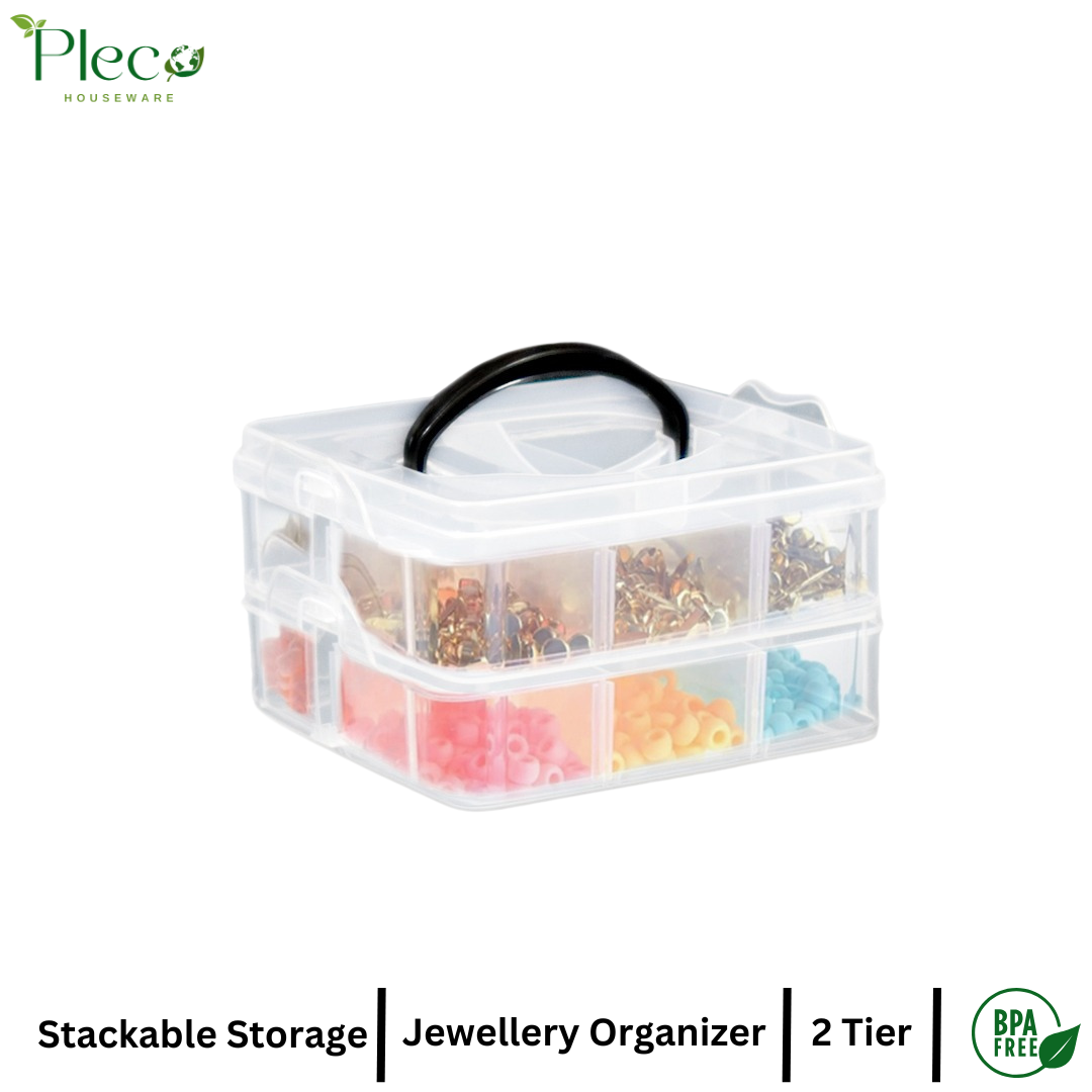 Transparent Stackable Jewelry Organizer Box | 2–4 Layer Multipurpose Plastic Storage Box with 12–24 Sections for Jewelry, Beads, Medicine & Accessories by Pleco Houseware