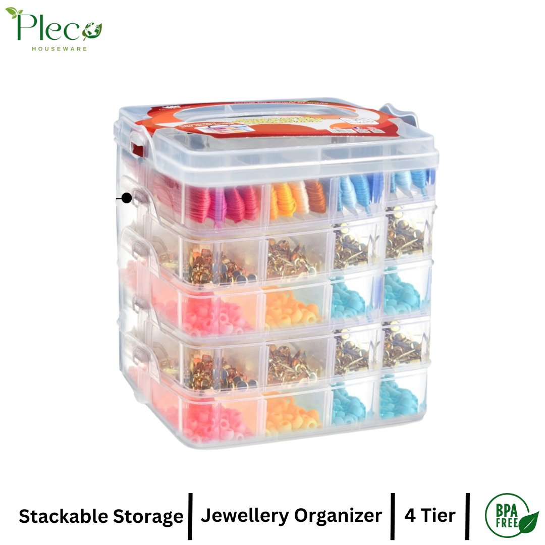 Transparent Stackable Jewelry Organizer Box | 2–4 Layer Multipurpose Plastic Storage Box with 12–24 Sections for Jewelry, Beads, Medicine & Accessories by Pleco Houseware