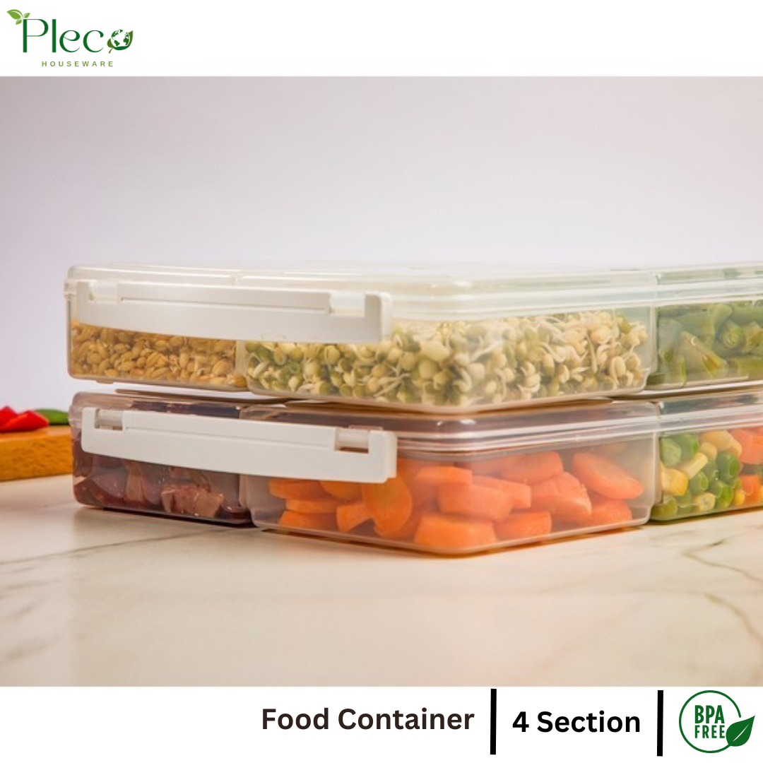 4 Grid Airtight Freezer Box with Lid & Lock | Plastic Food Storage Container | Multipurpose Frozen Food Fruit Organizer – 250ml Each Section