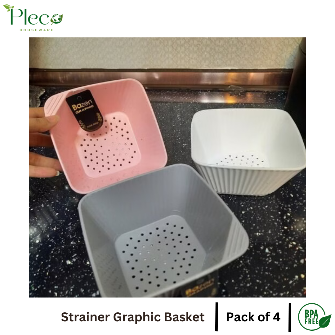 Pack of 4 – Plastic Strainer & Colander Strainer Basket Set | Double Layer Fruit & Vegetable Washing Bowl | Wheat Straw Rice, Noodles & Pasta Draining Basket