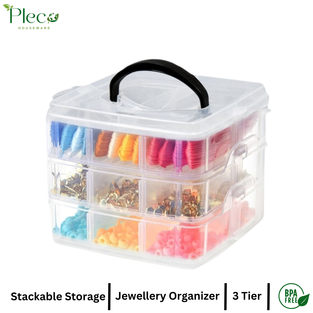 Transparent Stackable Jewelry Organizer Box | 2–4 Layer Multipurpose Plastic Storage Box with 12–24 Sections for Jewelry, Beads, Medicine & Accessories by Pleco Houseware