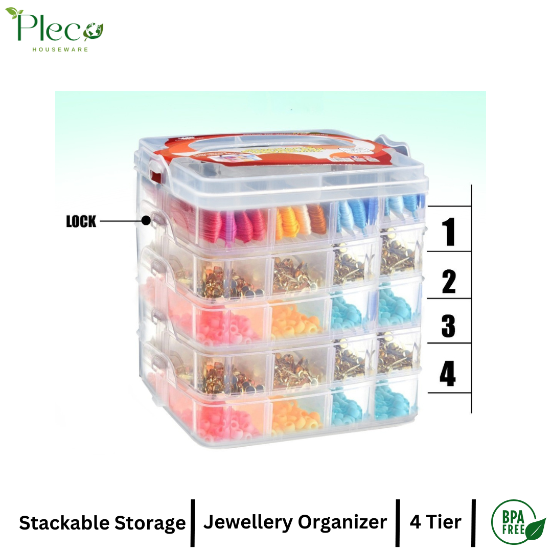 Transparent Stackable Jewelry Organizer Box | 2–4 Layer Multipurpose Plastic Storage Box with 12–24 Sections for Jewelry, Beads, Medicine & Accessories by Pleco Houseware