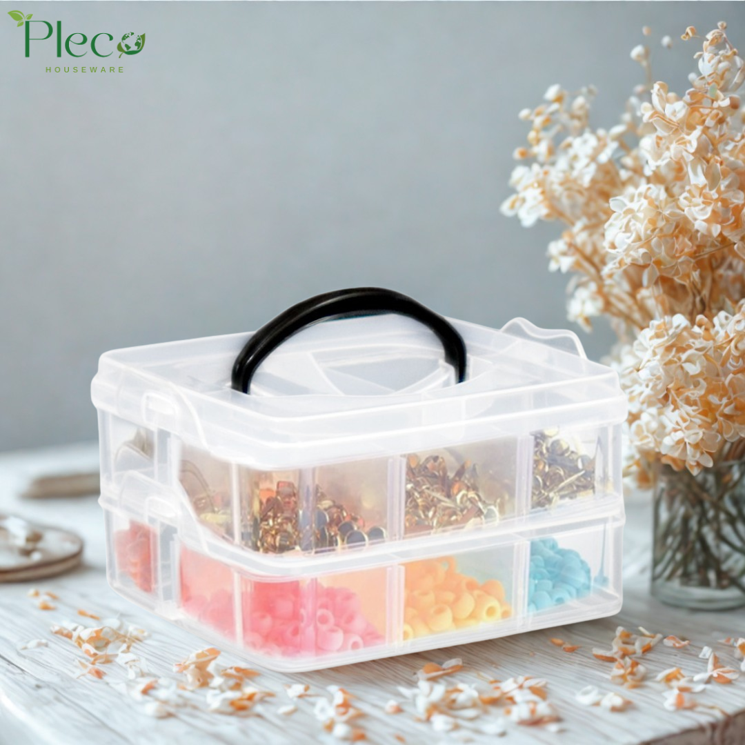 Transparent Stackable Jewelry Organizer Box | 2–4 Layer Multipurpose Plastic Storage Box with 12–24 Sections for Jewelry, Beads, Medicine & Accessories by Pleco Houseware