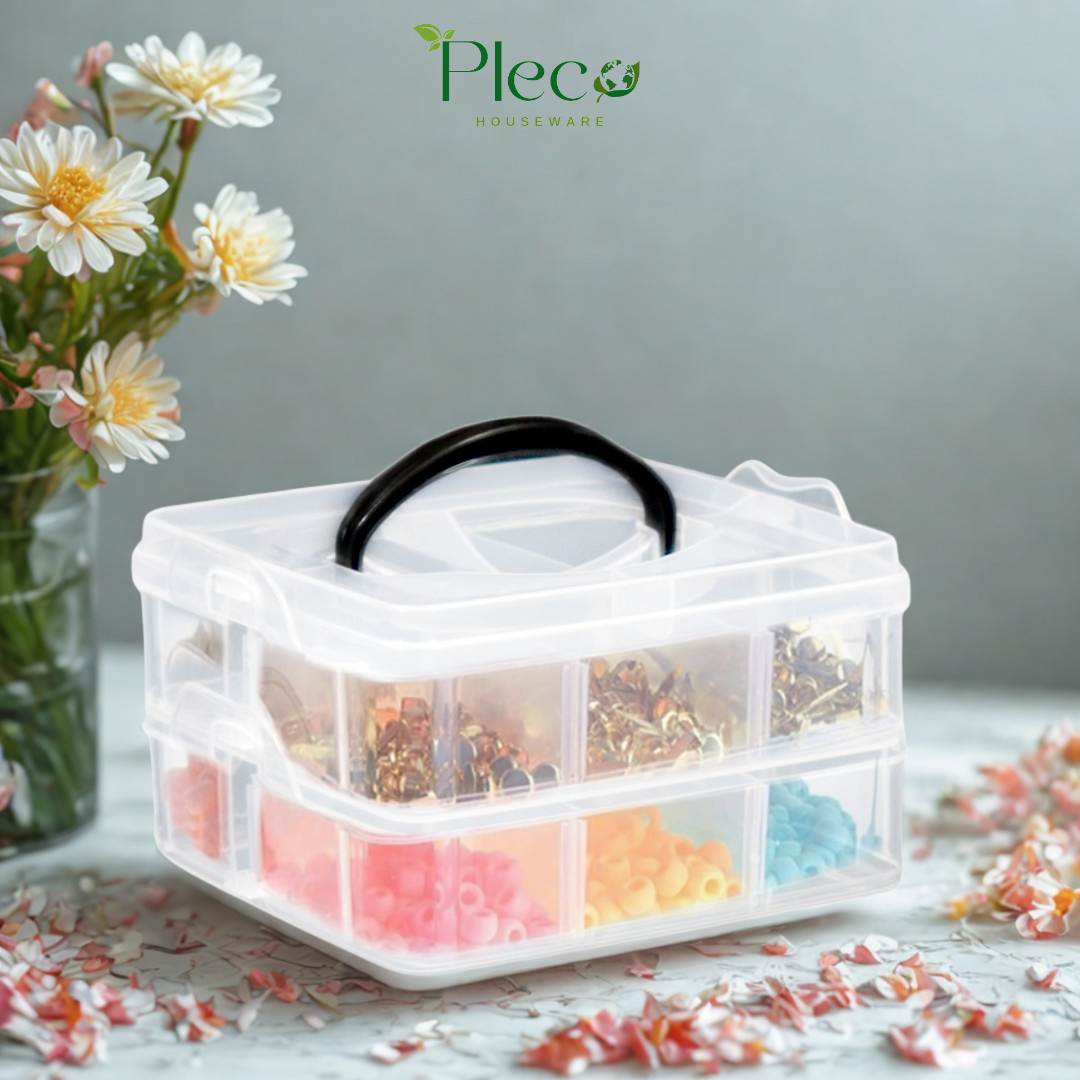 Transparent Stackable Jewelry Organizer Box | 2–4 Layer Multipurpose Plastic Storage Box with 12–24 Sections for Jewelry, Beads, Medicine & Accessories by Pleco Houseware