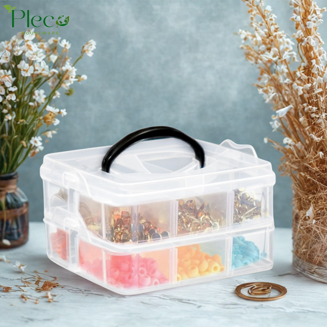 Transparent Stackable Jewelry Organizer Box | 2–4 Layer Multipurpose Plastic Storage Box with 12–24 Sections for Jewelry, Beads, Medicine & Accessories by Pleco Houseware