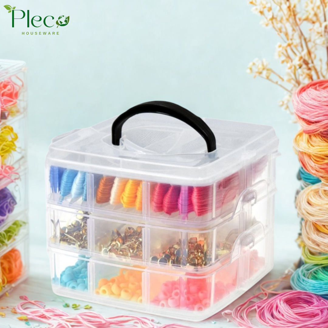 Transparent Stackable Jewelry Organizer Box | 2–4 Layer Multipurpose Plastic Storage Box with 12–24 Sections for Jewelry, Beads, Medicine & Accessories by Pleco Houseware
