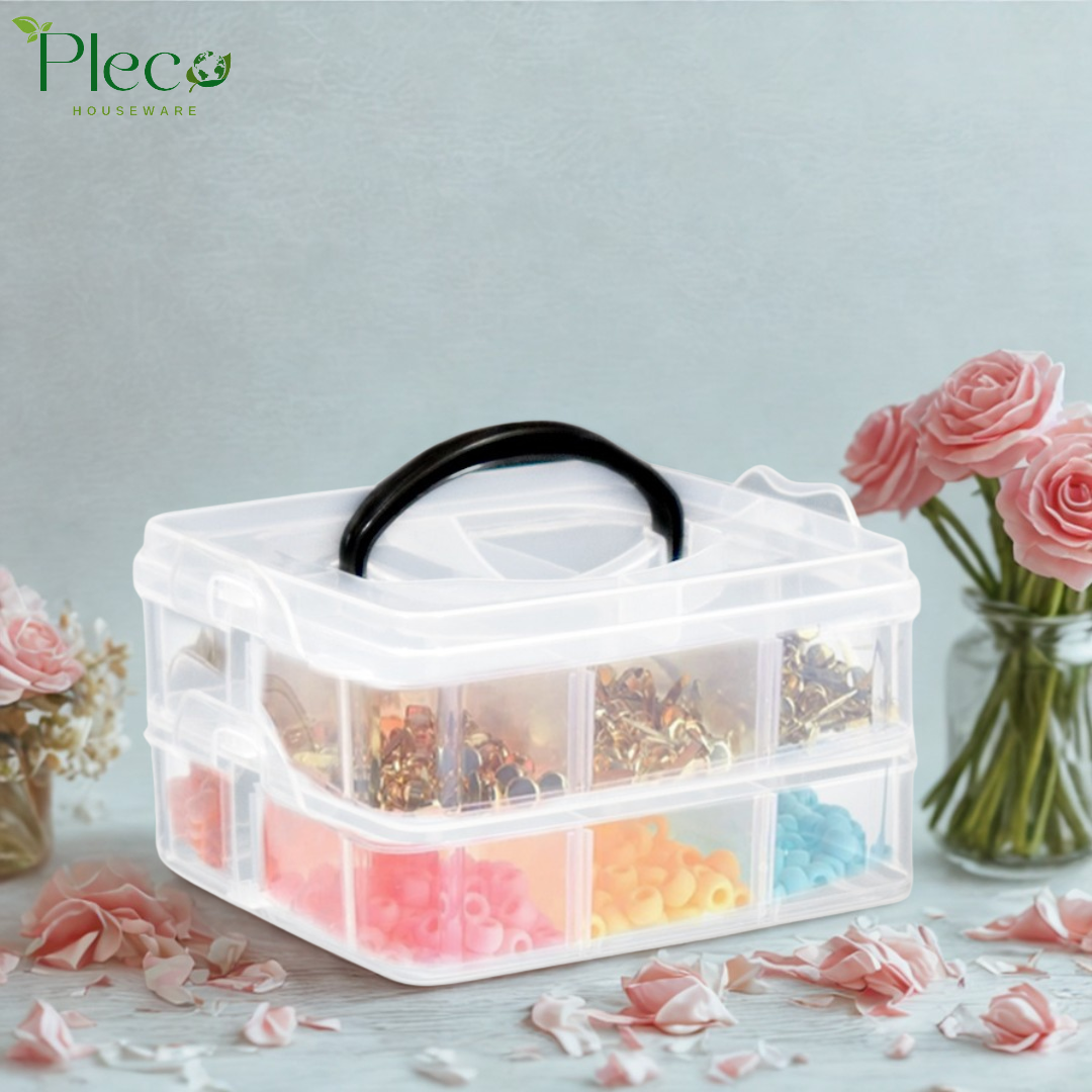 Transparent Stackable Jewelry Organizer Box | 2–4 Layer Multipurpose Plastic Storage Box with 12–24 Sections for Jewelry, Beads, Medicine & Accessories by Pleco Houseware