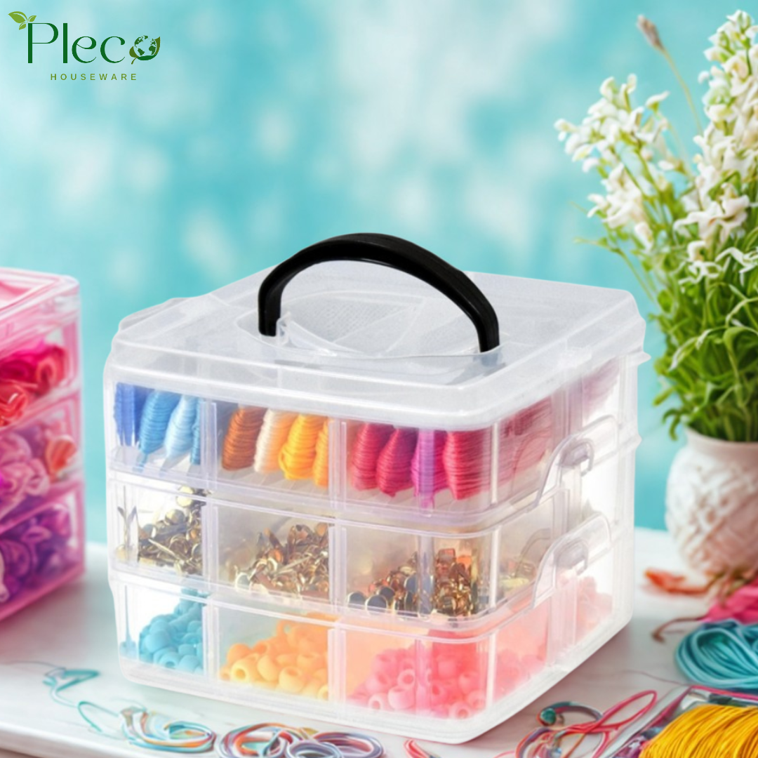 Transparent Stackable Jewelry Organizer Box | 2–4 Layer Multipurpose Plastic Storage Box with 12–24 Sections for Jewelry, Beads, Medicine & Accessories by Pleco Houseware