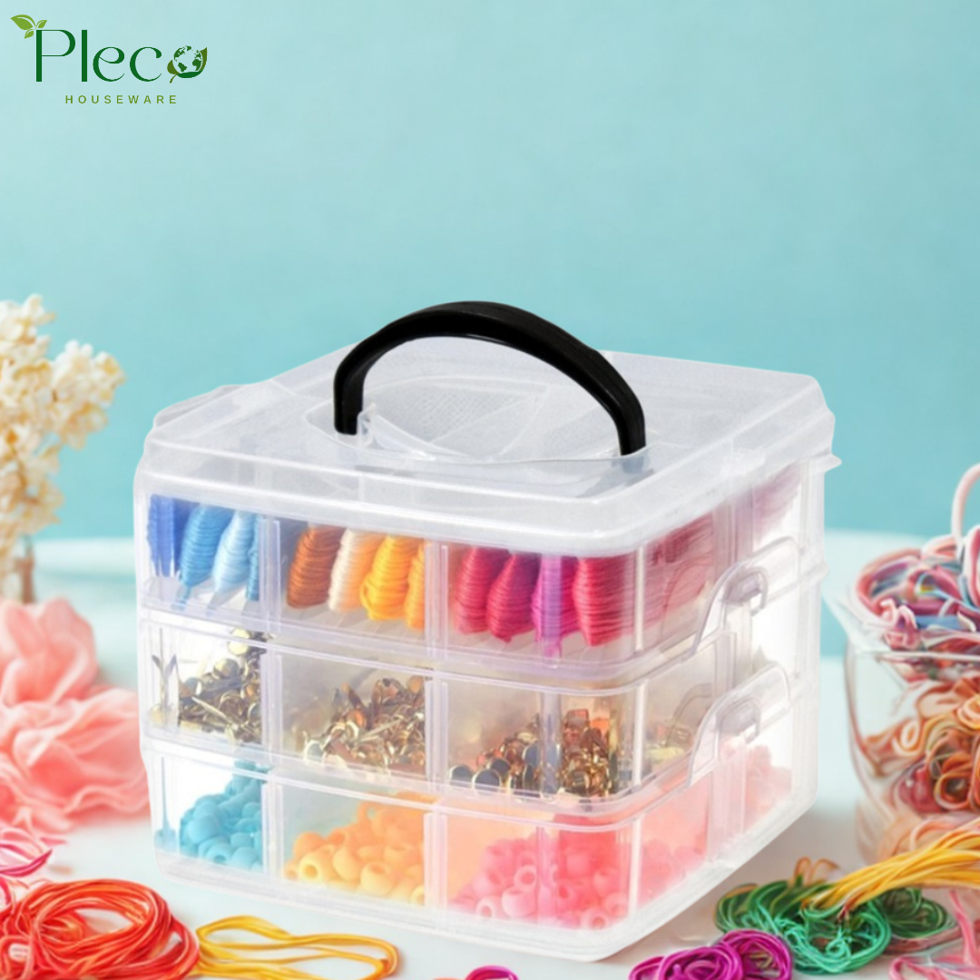 Transparent Stackable Jewelry Organizer Box | 2–4 Layer Multipurpose Plastic Storage Box with 12–24 Sections for Jewelry, Beads, Medicine & Accessories by Pleco Houseware