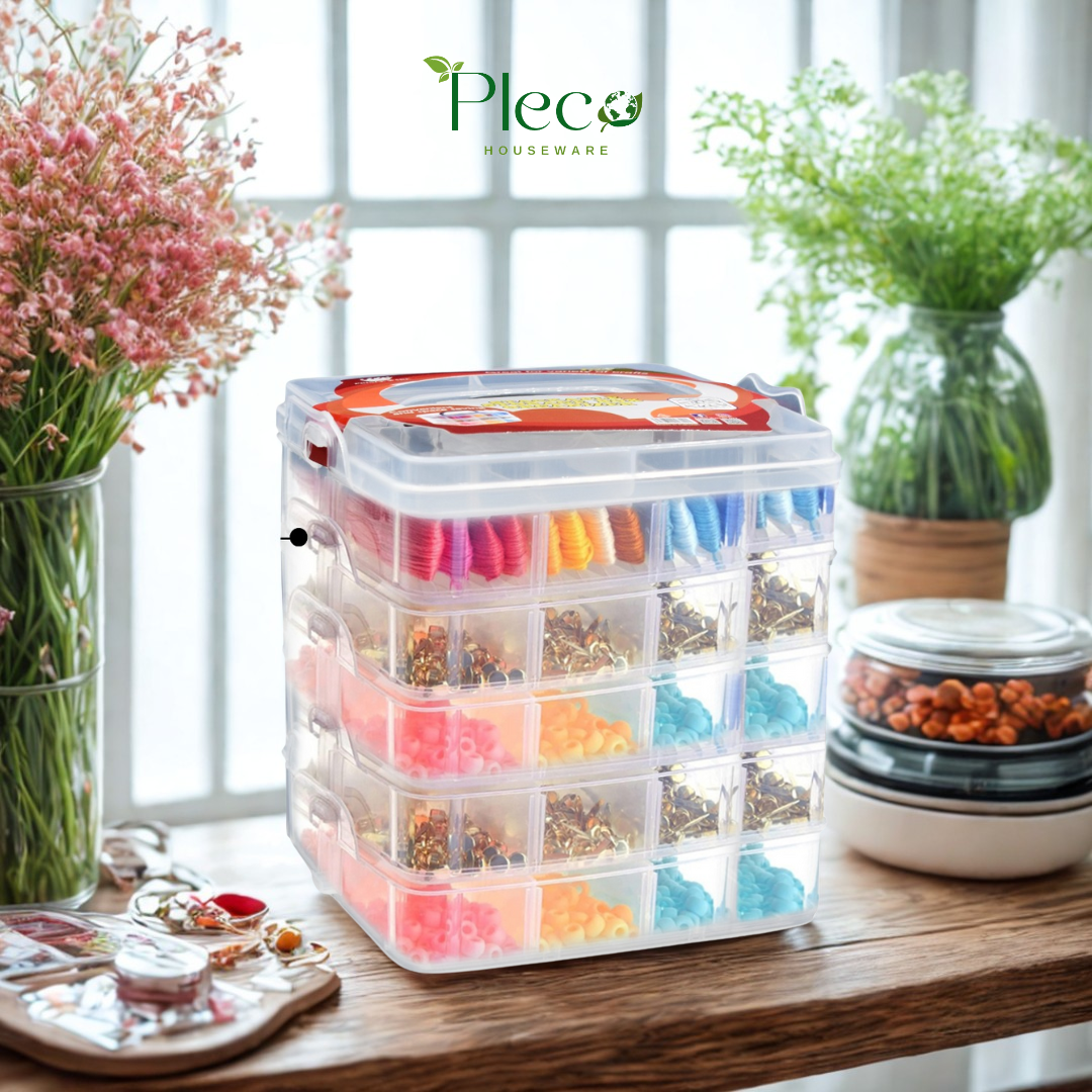 Transparent Stackable Jewelry Organizer Box | 2–4 Layer Multipurpose Plastic Storage Box with 12–24 Sections for Jewelry, Beads, Medicine & Accessories by Pleco Houseware
