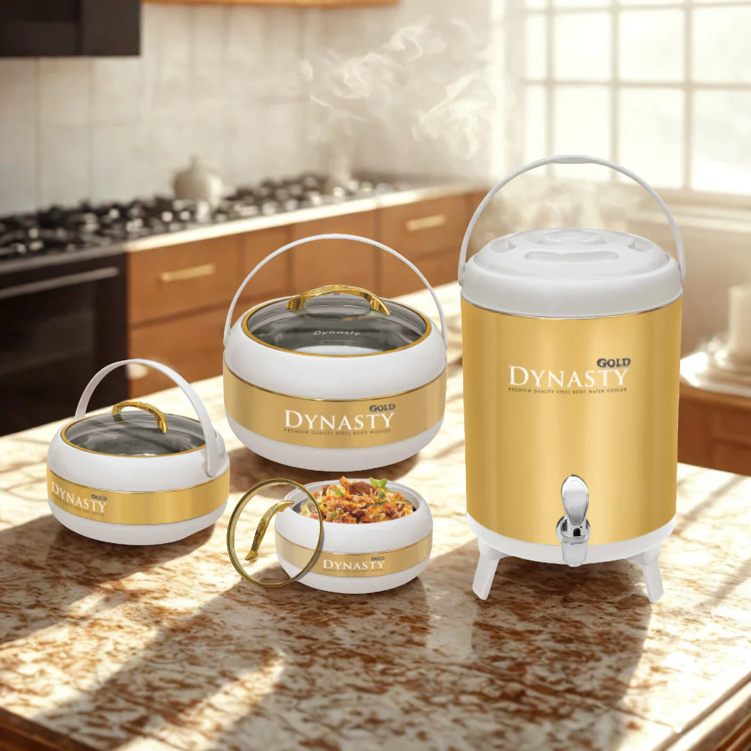 Dynasty White and Gold Hotpot Set with Water Cooler – 4 Piece Insulated Food Warmer Collection