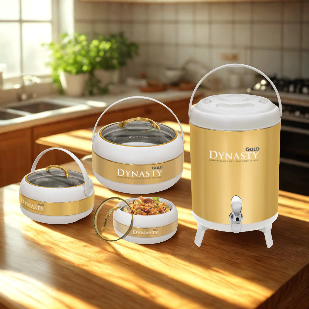 Dynasty White and Gold Hotpot Set with Water Cooler – 4 Piece Insulated Food Warmer Collection