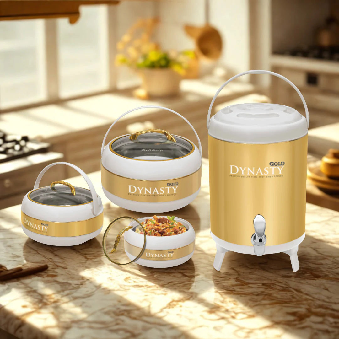Dynasty White and Gold Hotpot Set with Water Cooler – 4 Piece Insulated Food Warmer Collection