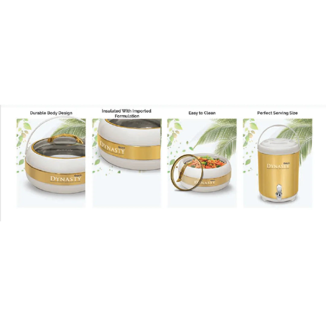 Dynasty White and Gold Hotpot Set with Water Cooler – 4 Piece Insulated Food Warmer Collection