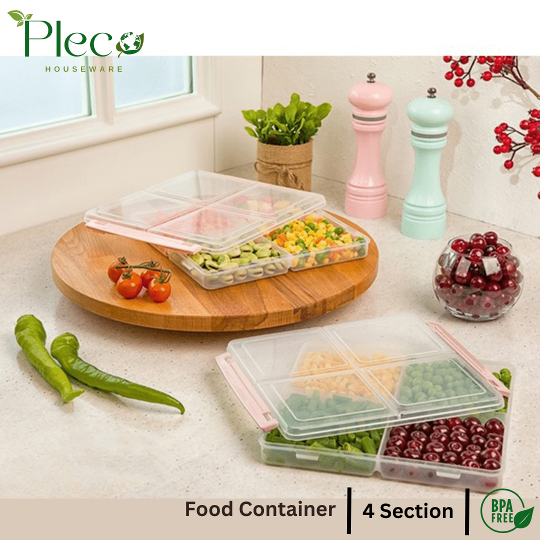 4 Grid Airtight Freezer Box with Lid & Lock | Plastic Food Storage Container | Multipurpose Frozen Food Fruit Organizer – 250ml Each Section - Pleco Houseware