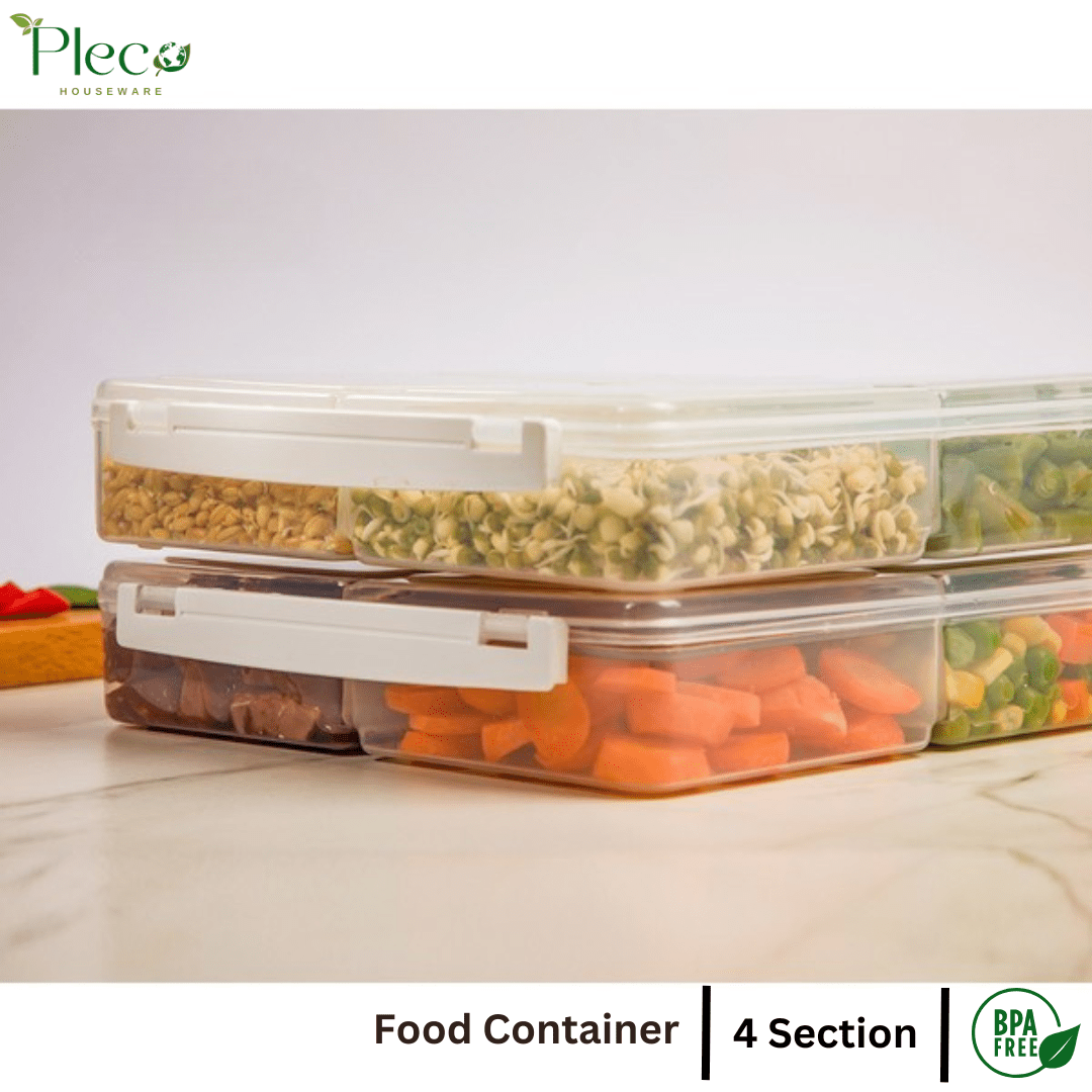 4 Grid Airtight Freezer Box with Lid & Lock | Plastic Food Storage Container | Multipurpose Frozen Food Fruit Organizer – 250ml Each Section - Pleco Houseware