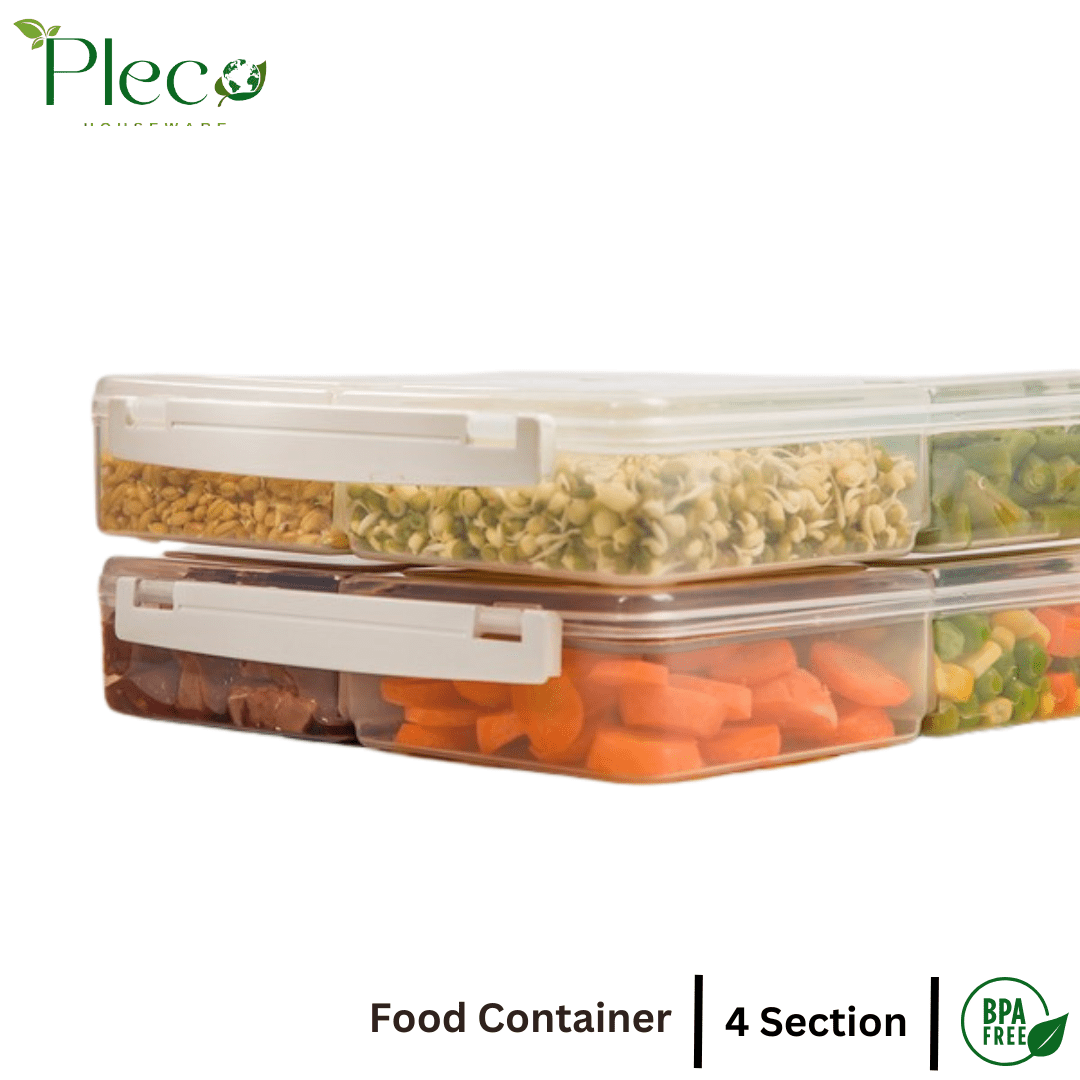 4 Grid Airtight Freezer Box with Lid & Lock | Plastic Food Storage Container | Multipurpose Frozen Food Fruit Organizer – 250ml Each Section - Pleco Houseware