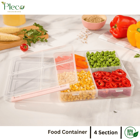 4 Grid Airtight Freezer Box with Lid & Lock | Plastic Food Storage Container | Multipurpose Frozen Food Fruit Organizer – 250ml Each Section - Pleco Houseware