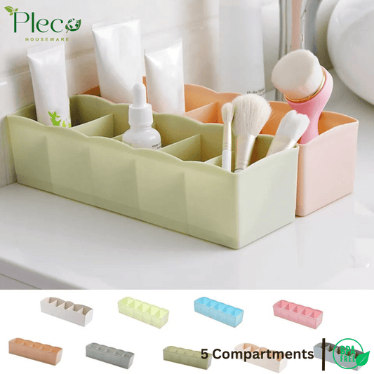 5 Grids Plastic Organizer Storage Box | Multipurpose Drawer Storage for Socks, Underwear, Makeup & Jewelry | Stackable Closet & Wardrobe Organizer – Random Colors - Pleco Houseware