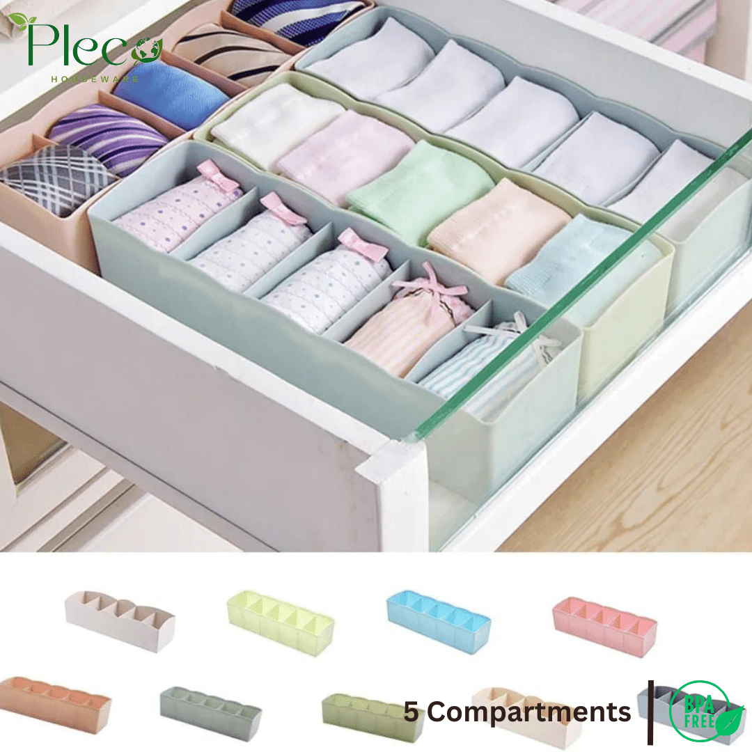 5 Grids Plastic Organizer Storage Box | Multipurpose Drawer Storage for Socks, Underwear, Makeup & Jewelry | Stackable Closet & Wardrobe Organizer – Random Colors - Pleco Houseware
