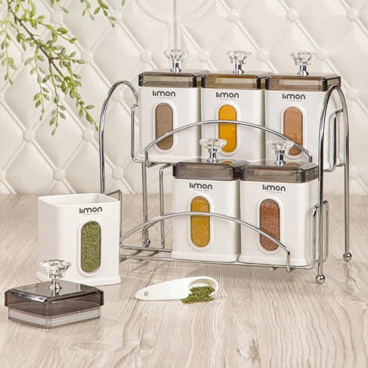 6‑Piece Airtight Spice Jar Rack w/ Spoons - Pleco Houseware