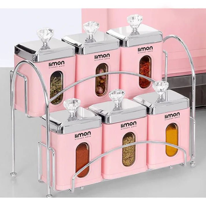 6‑Piece Airtight Spice Jar Rack w/ Spoons - Pleco Houseware