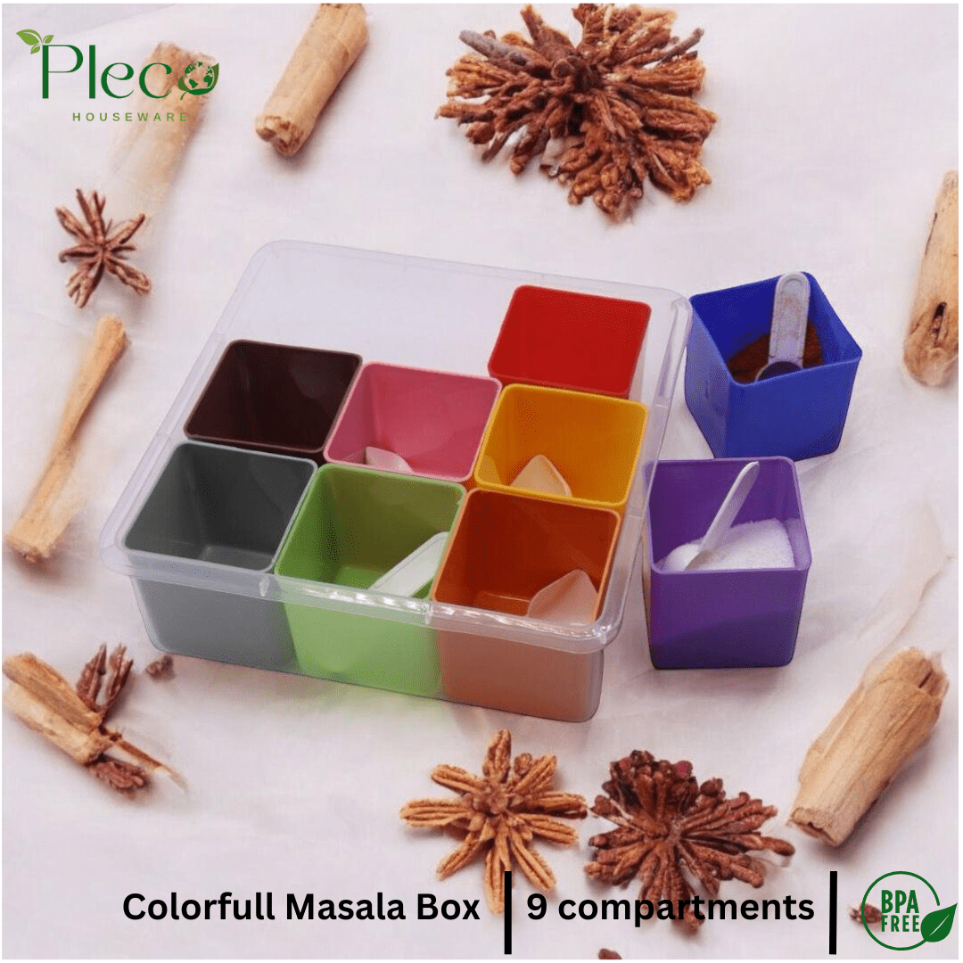 9 Compartment Spice Box Masala Box Seasoning Box with Masala Jars for Kitchen - Pleco Houseware