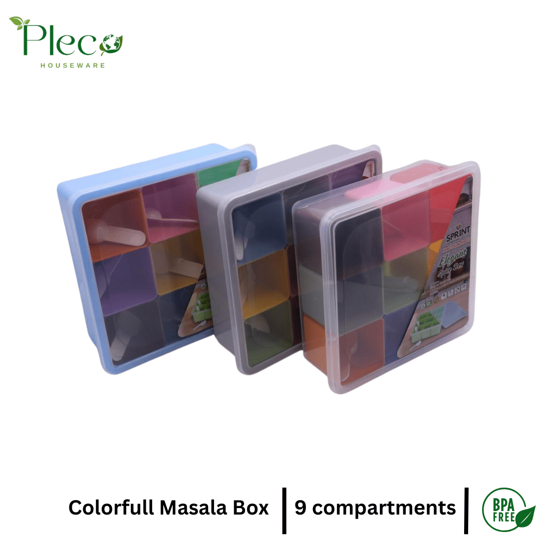 9 Compartment Spice Box Masala Box Seasoning Box with Masala Jars for Kitchen - Pleco Houseware