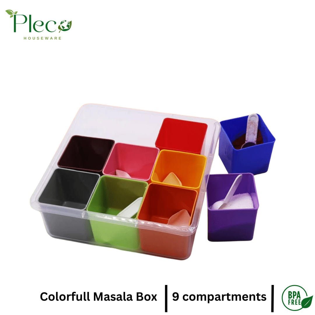 9 Compartment Spice Box Masala Box Seasoning Box with Masala Jars for Kitchen - Pleco Houseware