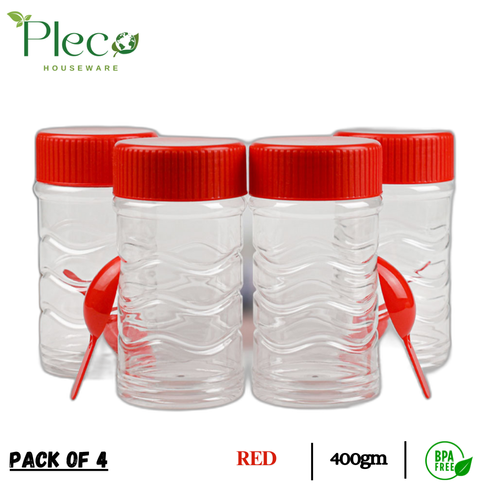 Pack of 4 Jars for Kitchen | 400ml Ideal Storage for Seasonings - Herbs, BBQ and Spices | BPA Free Jar - Pleco Houseware
