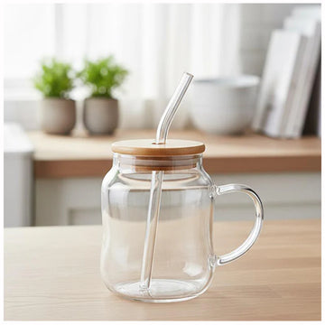 Clear Glass with Handle, Lid & Straw