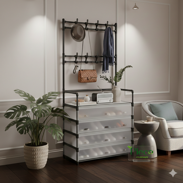 Modern Entryway Shoe & Coat Rack – Dustproof Storage Organizer with Hooks