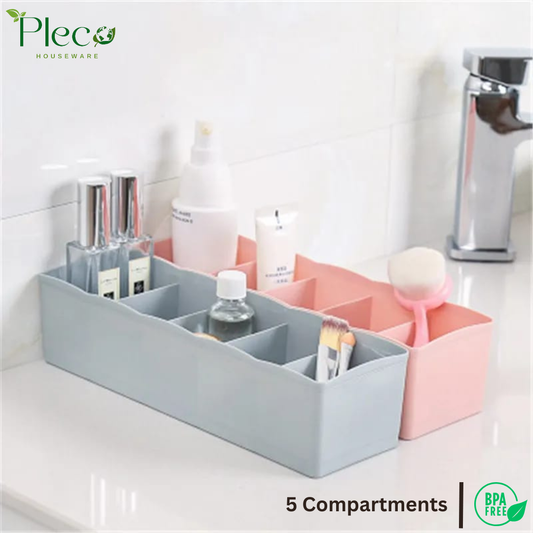 5 Grids Plastic Organizer Storage Box | Multipurpose Drawer Storage for Socks, Underwear, Makeup & Jewelry | Stackable Closet & Wardrobe Organizer – Random Colors