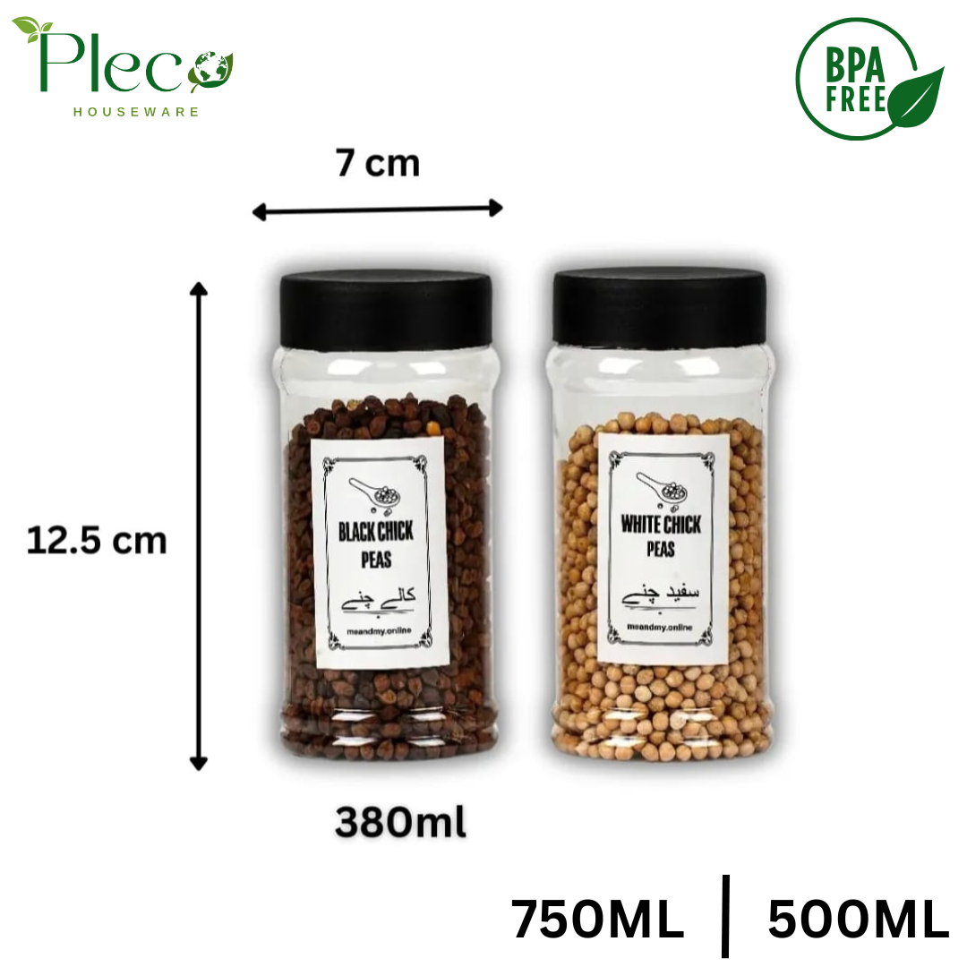 Airtight Spice & Grocery Jar Set | 2/3/4/6/8 Pcs Transparent Food Grade Containers | Kitchen Storage Canisters for Spices, Snacks, Pulses & Dry Food | With Label Stickers - Pleco Houseware