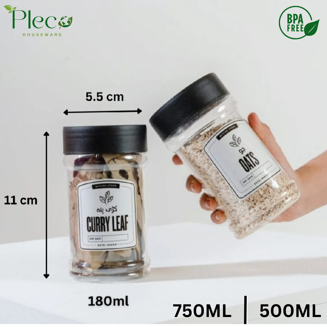 Airtight Spice & Grocery Jar Set | 2/3/4/6/8 Pcs Transparent Food Grade Containers | Kitchen Storage Canisters for Spices, Snacks, Pulses & Dry Food | With Label Stickers - Pleco Houseware