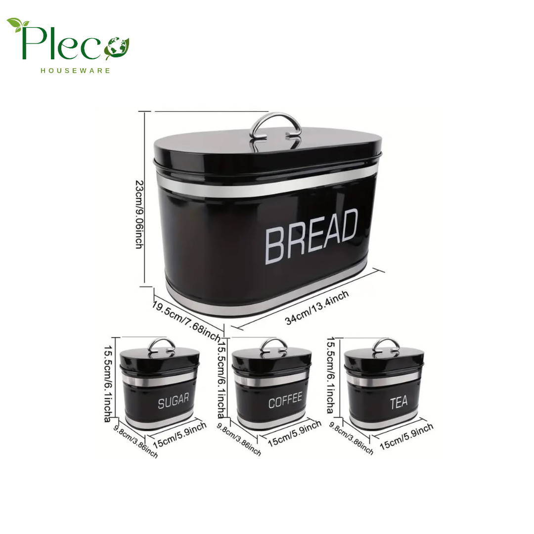 4 Pcs Metal Kitchen Bread Box & Canister Jar Set – Luxury Countertop Storage - Pleco Houseware