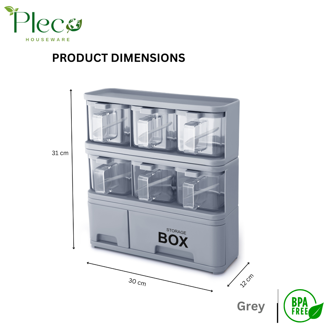 Purity Max Storage Box Condiments & Spice Rack With 6 Spice Jars and Spoons - 500ml - Pleco Houseware