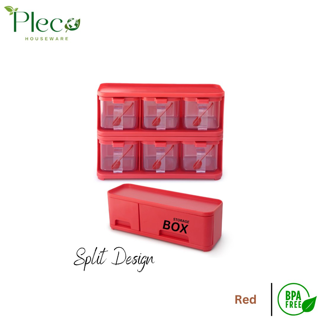 Purity Max Storage Box Condiments & Spice Rack With 6 Spice Jars and Spoons - 500ml - Pleco Houseware