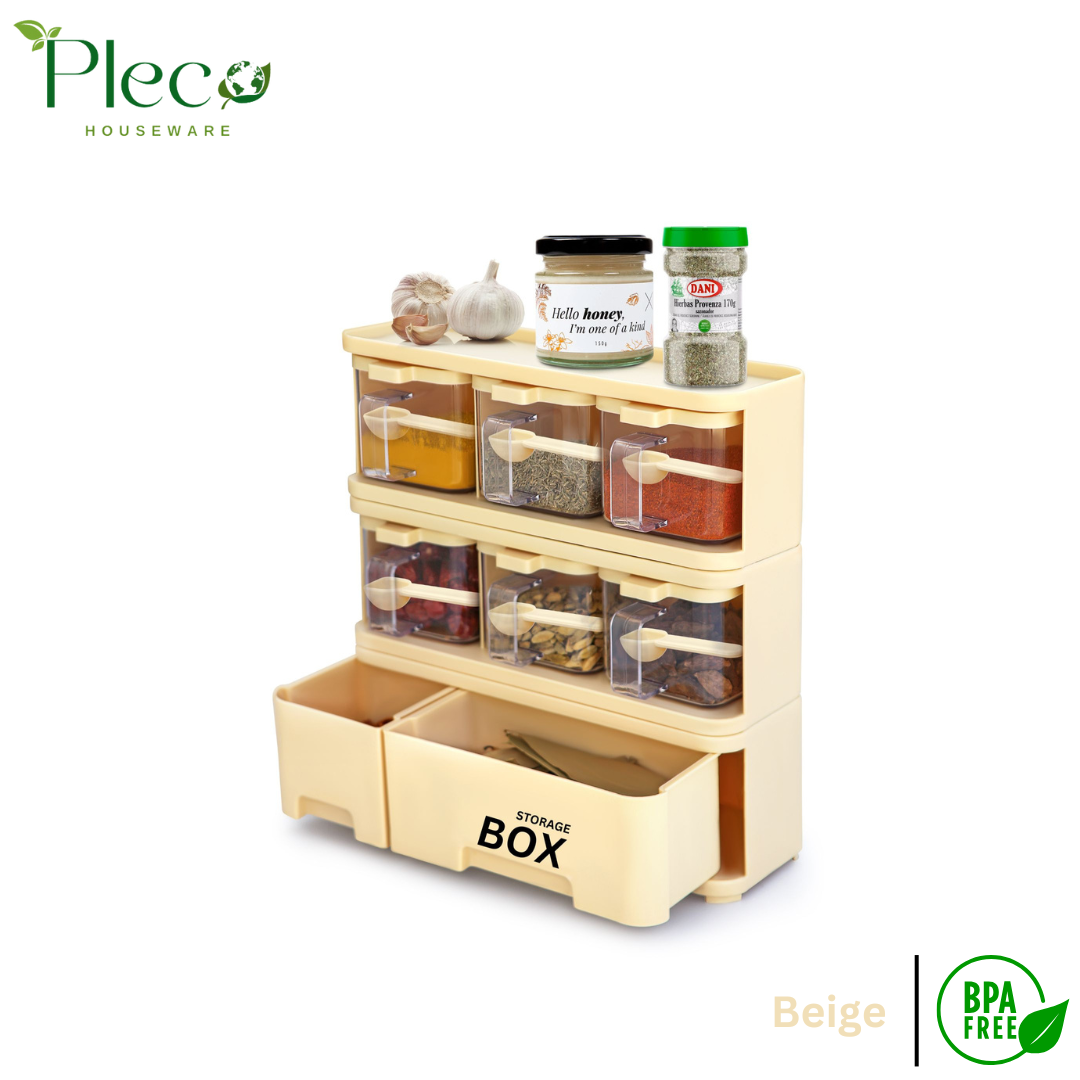 Purity Max Storage Box Condiments & Spice Rack With 6 Spice Jars and Spoons - 500ml - Pleco Houseware