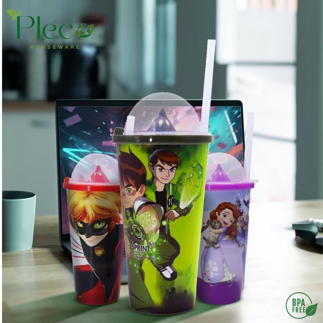 Straw Glass Juice Cup for Kids – Cartoon Charachter Reusable Water Glass with Straw & Lid - Pleco Houseware