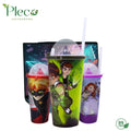Straw Glass Juice Cup for Kids – Cartoon Charachter Reusable Water Glass with Straw & Lid - Pleco Houseware