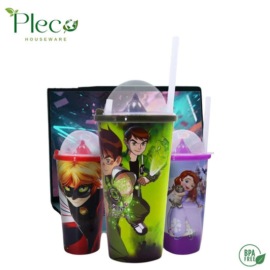 Straw Glass Juice Cup for Kids – Cartoon Charachter Reusable Water Glass with Straw & Lid - Pleco Houseware