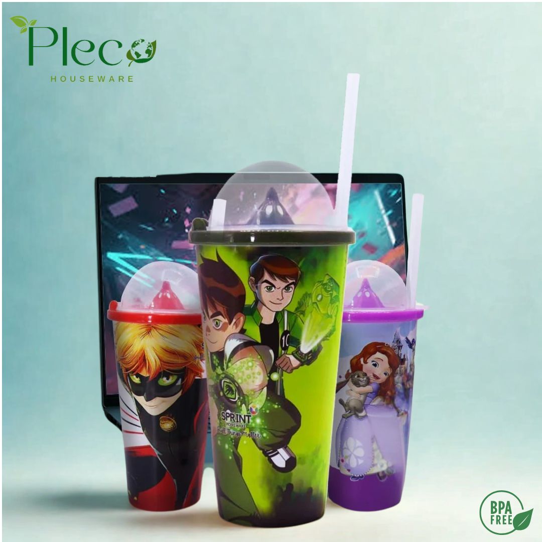Straw Glass Juice Cup for Kids – Cartoon Charachter Reusable Water Glass with Straw & Lid - Pleco Houseware