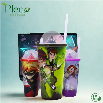 Straw Glass Juice Cup for Kids – Cartoon Charachter Reusable Water Glass with Straw & Lid - Pleco Houseware