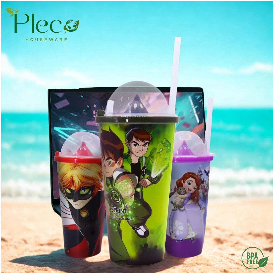 Straw Glass Juice Cup for Kids – Cartoon Charachter Reusable Water Glass with Straw & Lid - Pleco Houseware
