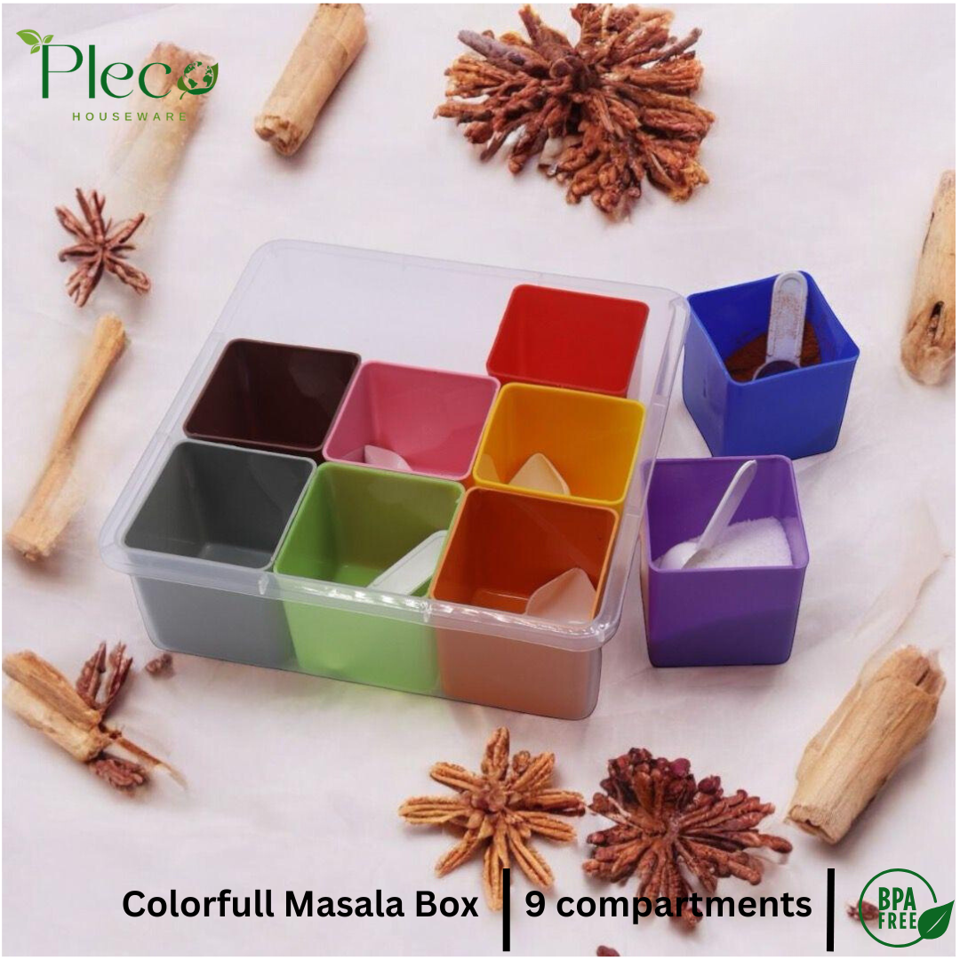 9 Compartment Spice Box Masala Box Seasoning Box with Masala Jars for Kitchen - Pleco Houseware