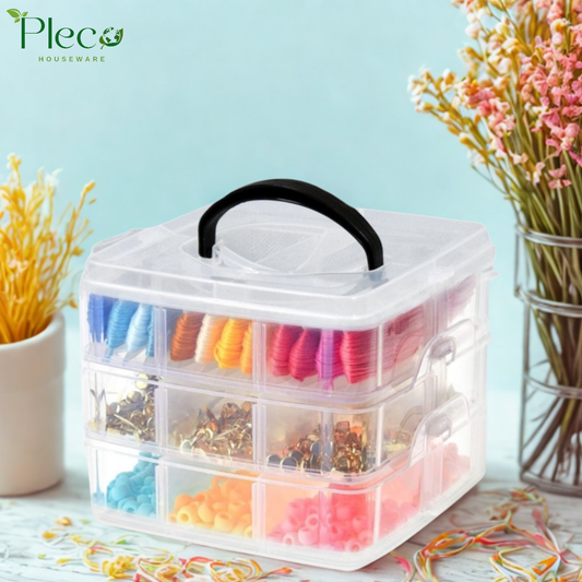 Transparent Stackable Jewelry Organizer Box | 2–4 Layer Multipurpose Plastic Storage Box with 12–24 Sections for Jewelry, Beads, Medicine & Accessories by Pleco Houseware