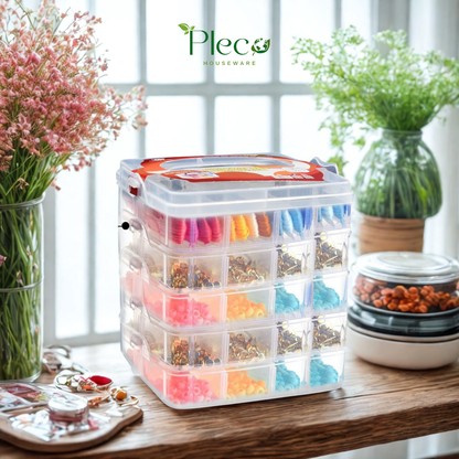 Transparent Stackable Jewelry Organizer Box | 2–4 Layer Multipurpose Plastic Storage Box with 12–24 Sections for Jewelry, Beads, Medicine & Accessories by Pleco Houseware