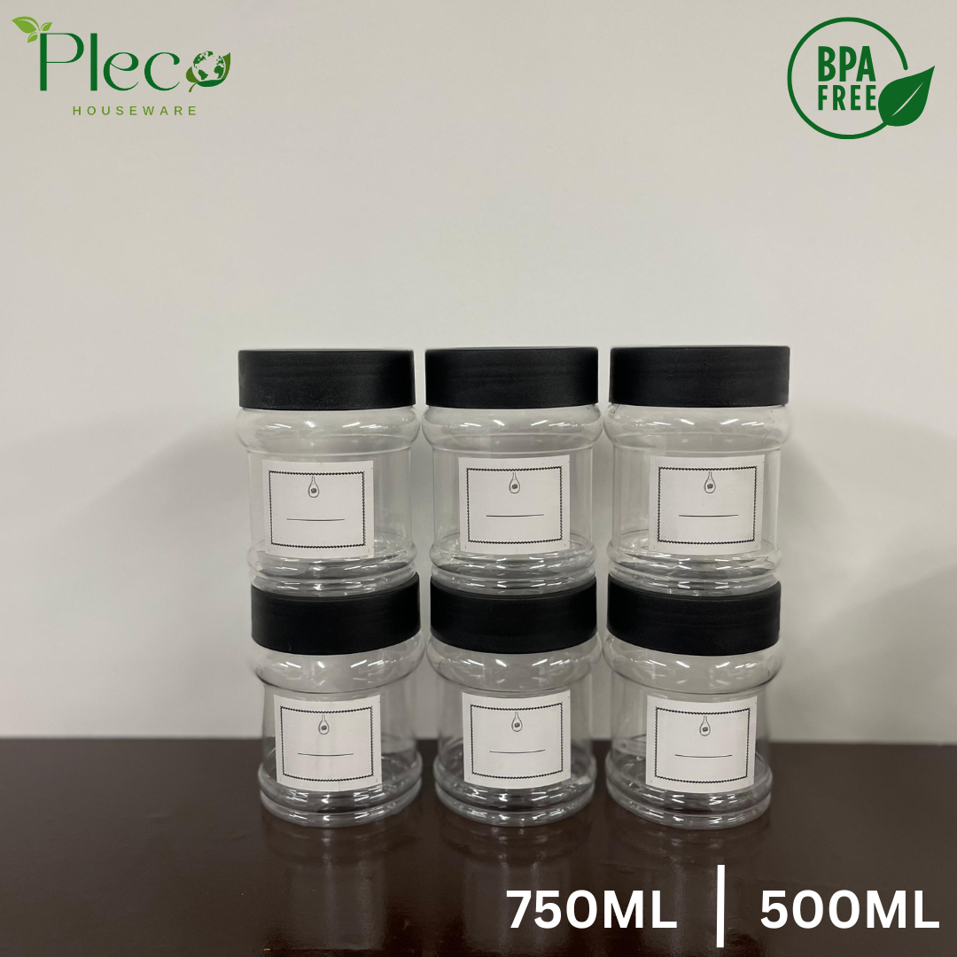 Airtight Spice & Grocery Jar Set | 2/3/4/6/8 Pcs Transparent Food Grade Containers | Kitchen Storage Canisters for Spices, Snacks, Pulses & Dry Food | With Label Stickers - Pleco Houseware